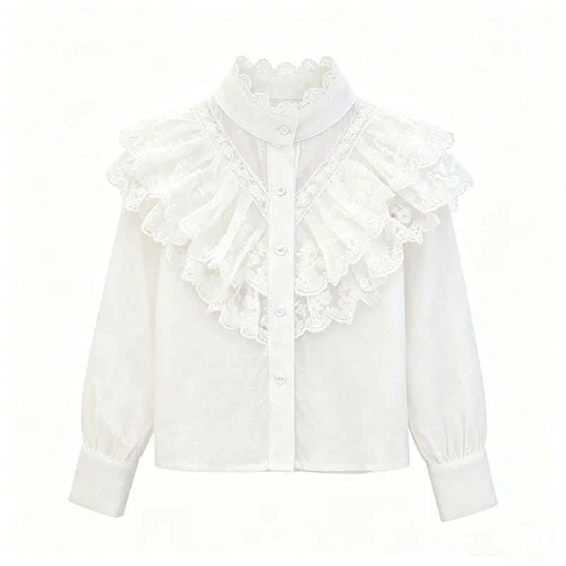 Girls Vintage Ruffled Lace Blouse Kids Stand Collar White Long Sleeve Shirt Elegant Princess Top for Graduation Birthday Party