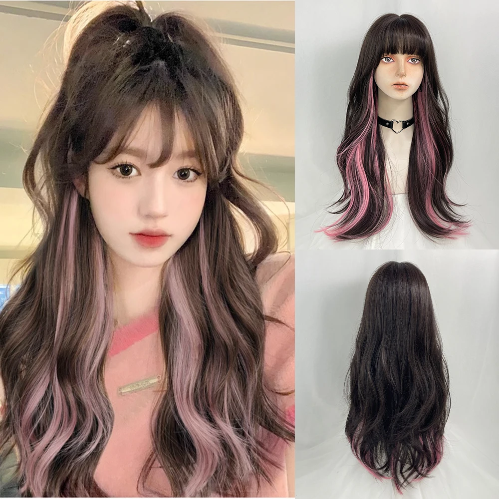 VICWIG Synthetic Long Wavy Ombre Black Pink Layered Blend Wig with Bangs Lolita Cosplay Women Fluffy Hair Wig for Daily Party