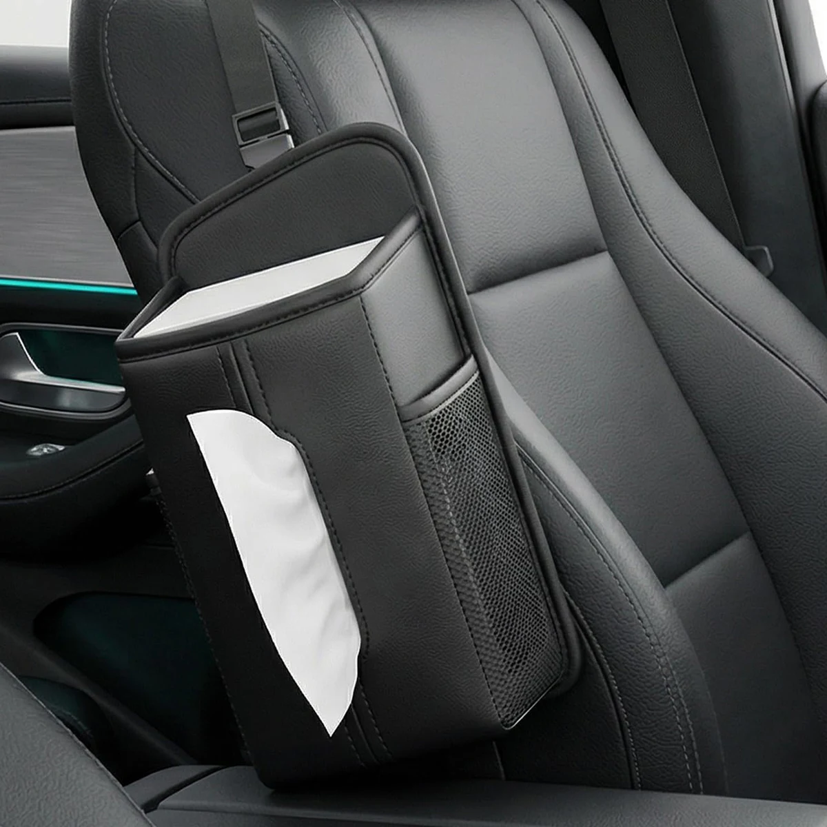 Car Seat Back Hanging Storage Organizer with Tissue Holder, Adjustable Strap for Small Items Storage & Neat Car Interior