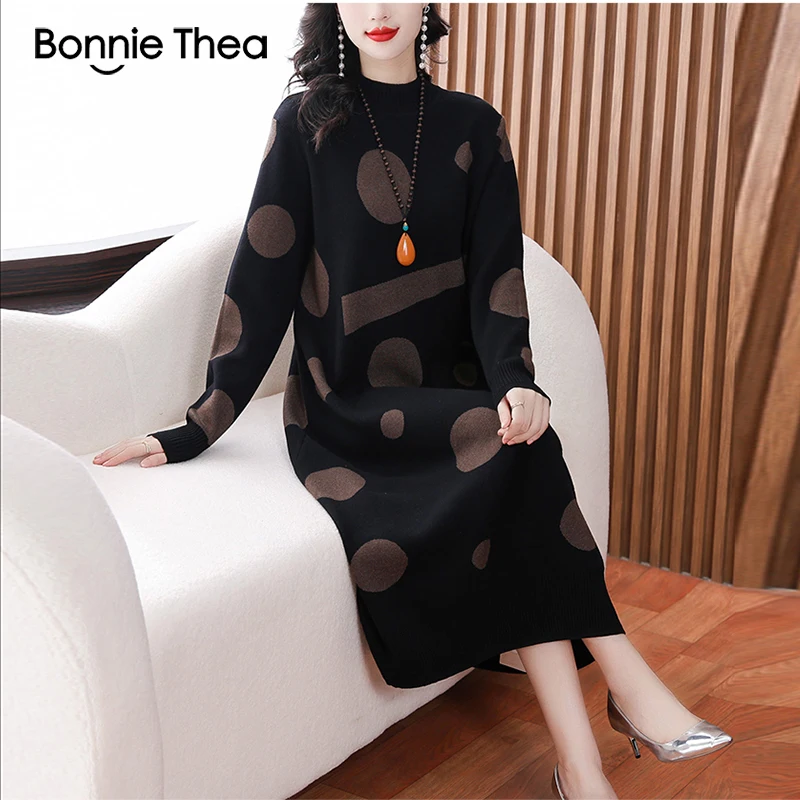 

Bonnie thea Autumn and Winter Fashion Knitted Dress Women Loose Sweater Print Long Party Dresses O-Neck Elegant Warm Clothing