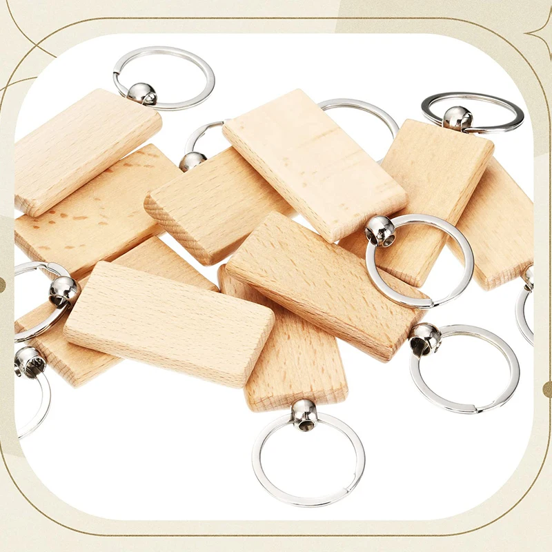 50Pcs Wooden Keychain Rectangle Wood Blanks Key Chain Unfinished Wooden Key Ring Blank Key Tag for DIY Gift Crafts
