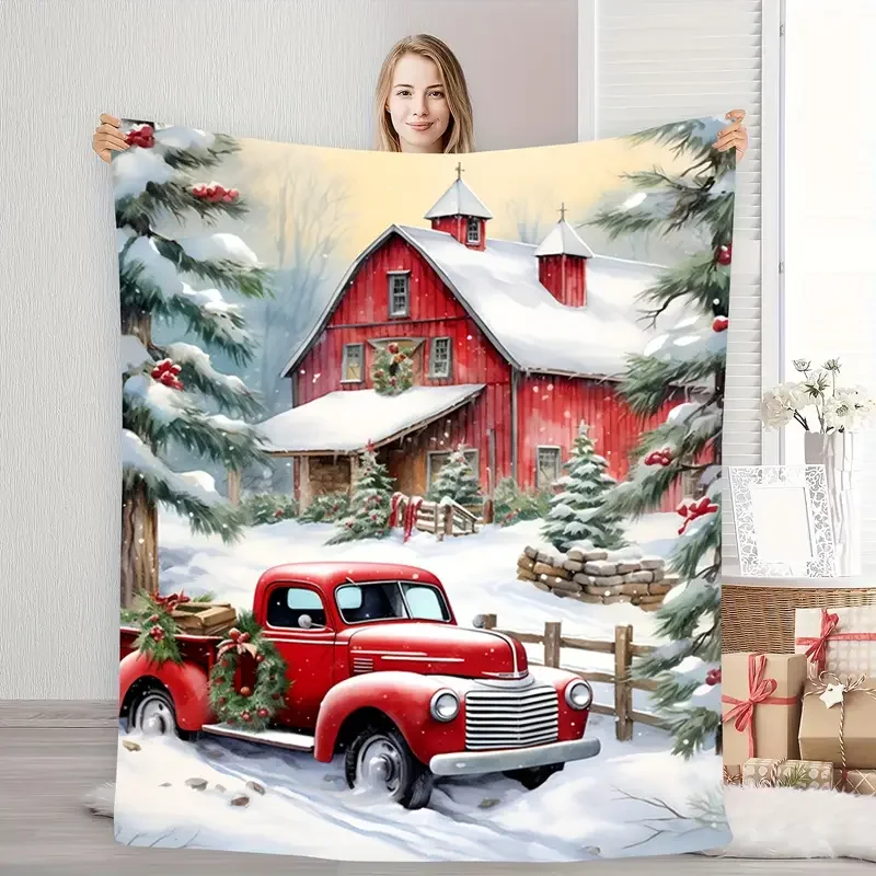 Christmas Snow Scene Red Pickup Truck Gift - Flannel Blanket - Warm Holiday Decoration, Christmas Gift, Bed, Camping, Travel
