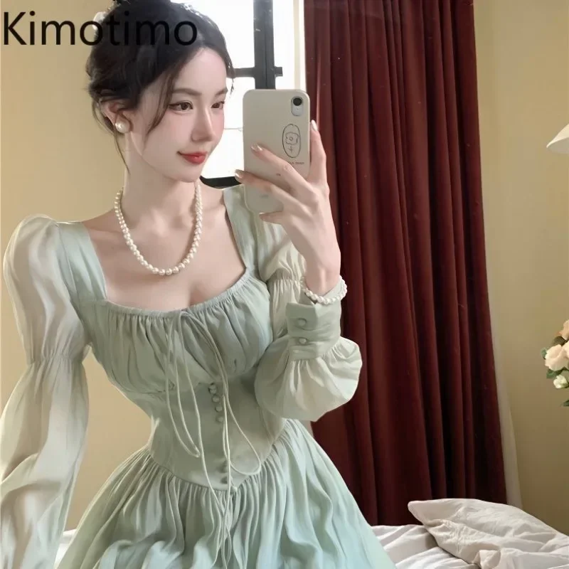 Kimotimo Holiday Style Beach Dress Sweet Square Collar Waisted A Line Long Dresses French Puff Sleeve Elegant Party Vestidos