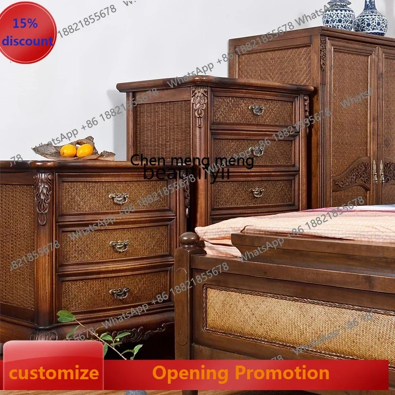 

ss7304Chest of Drawers Solid Wood Real Rattan Woven Chinese Style Locker Master Bedroom Storage Chest of Drawer