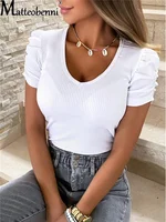 Jersey elástico ajustado de manga abullonada para mujer, Top Sexy con cuello en V, camisetas informales ajustadas, ropa de verano, novedad de 2022