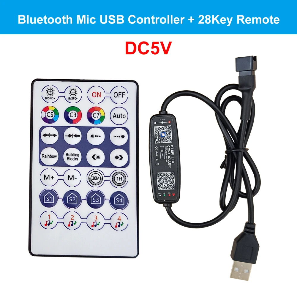 28Key Mini Bluetooth Przycisk muzyczny Kontroler LED DC5-24V Dla 3Pin WS2811 WS2812 SK6812 Indywidualnie adresowalny pasek LED RGB