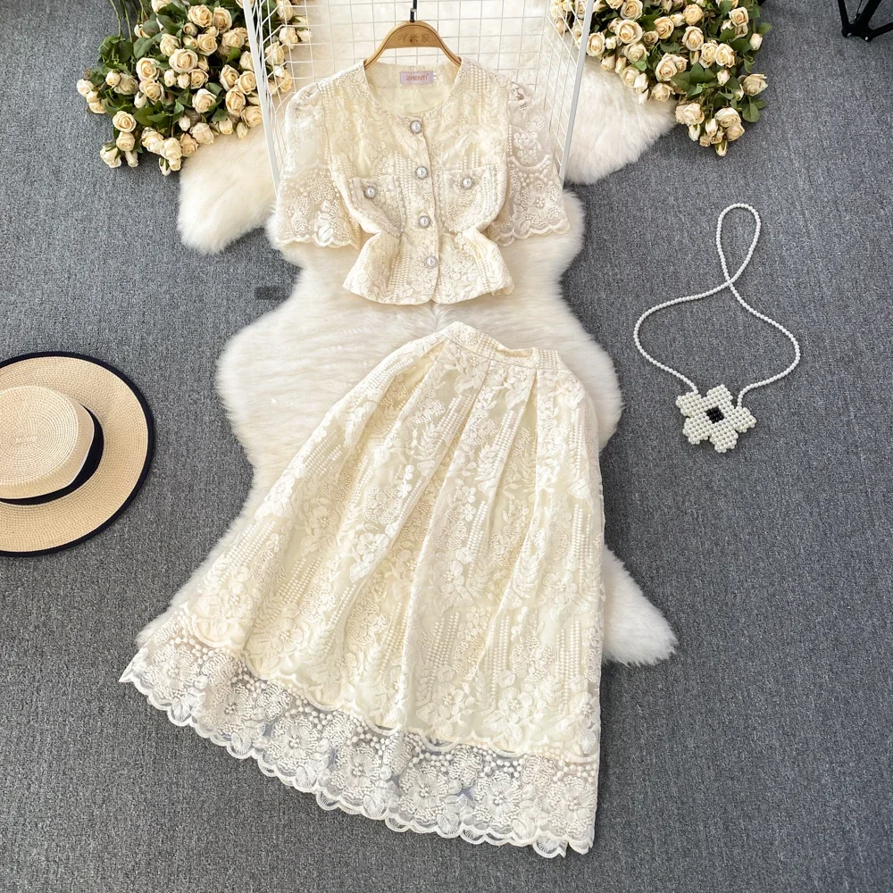 Korean Fashion Sweet Lace Set Two Piece Skirt Suits Lace Embroidery Flower Short Sleeve Shirt Tops Midi Skirt Women\'s Outfits