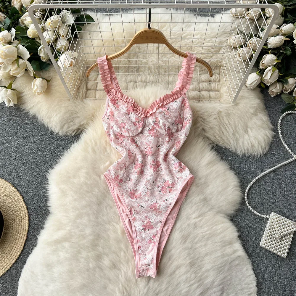 

Женские милые розовые кружевные боди с цветочным принтом, летние модные плиссированные топы на тонких бретельках с v-образным вырезом без рукавов, тонкие эластичные топы