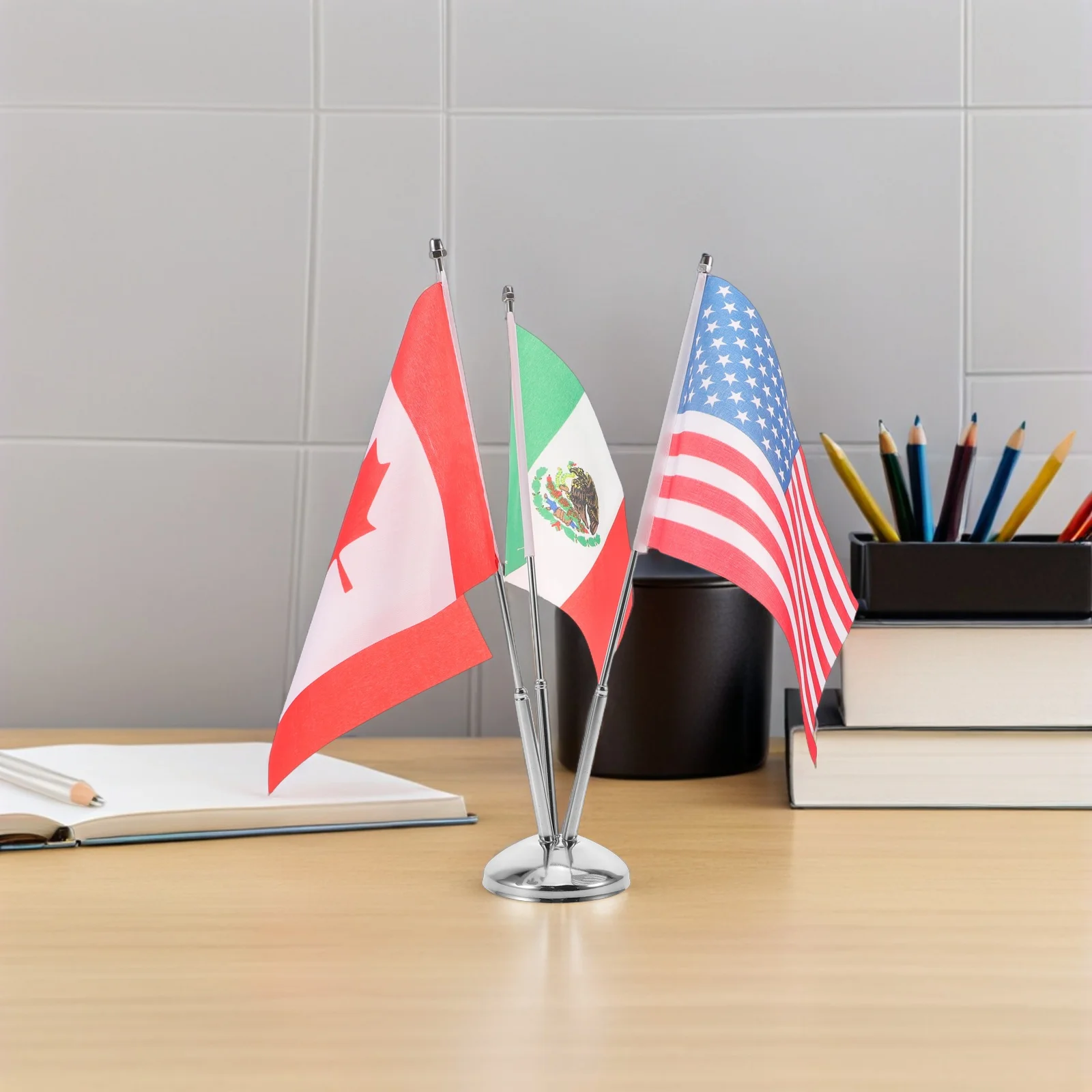 

1Set Table Flag Decoration Usa Mexico Canada Flags Metal Desk Flagpole Stand Office Meeting Supplies Waterproof