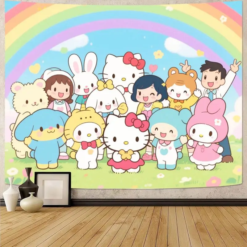 

1 шт. Sanrio Hello Kitty My Melody & Friends Радужный гобелен, милый кавайный полиэстер настенный рисунок для девочек, декор для спальни, гостиной