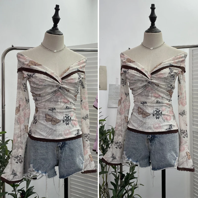 슬리밍 효과 원 숄더 긴 소매 큰 칼라 티셔츠 패셔너블한 디자인 프린트 캐주얼웨어 폴리에스터 소재