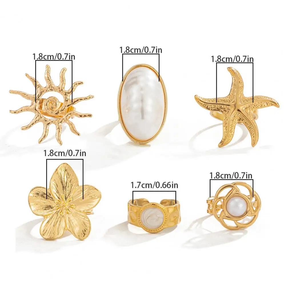 Vintage Ring Set Shell Texture Rings 6pcs Ocean Style Adjustable Finger Rings Set Bohemian Stackable Rings for Women