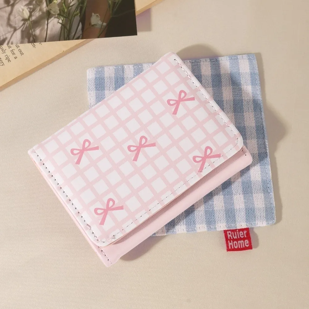 Portable PU Leather Short Wallet Foldable Grid Bow Print Card Holder Multi Card Slot Coin Purse