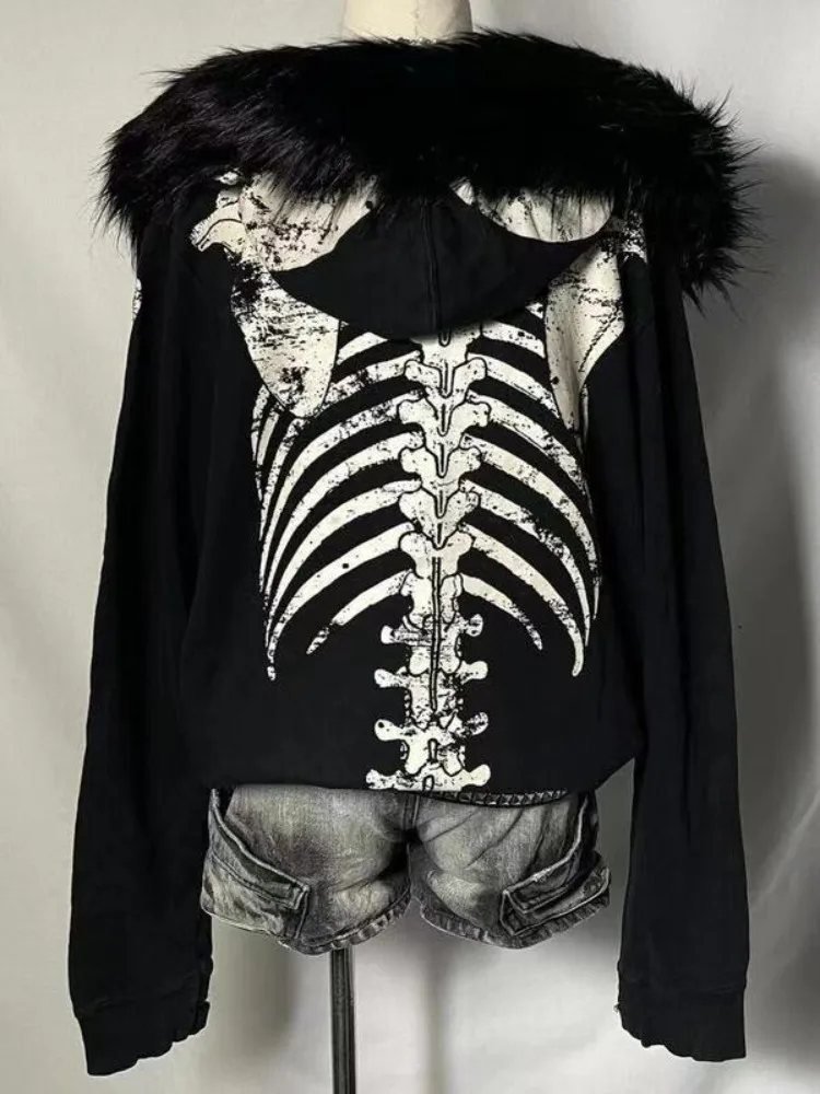 Harajuku Y2K Subculture Women Coat Cat Ears Hood Faux Fur Punk Jacket Skulls Graphic Long Sleeve Streetwear Outerwear for Fall