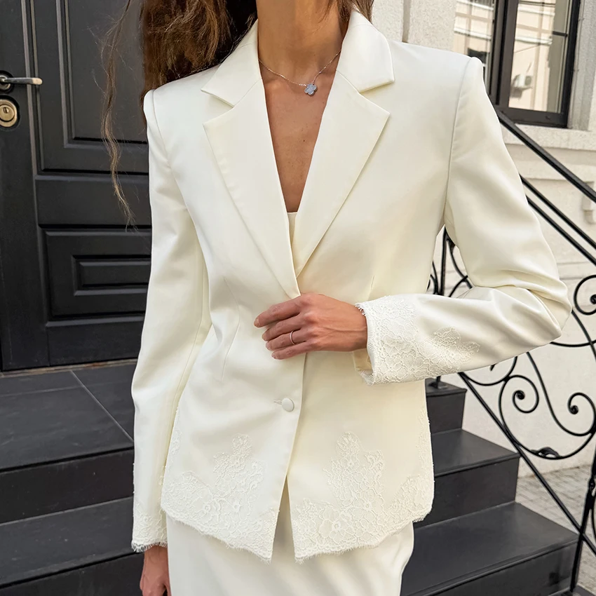 Apricot Office Lady Woven Elastic Woman Blazer Notched Lapel Single Breasted Outerwear Lace Patchwork Slim Fit Long Sleeve Coat