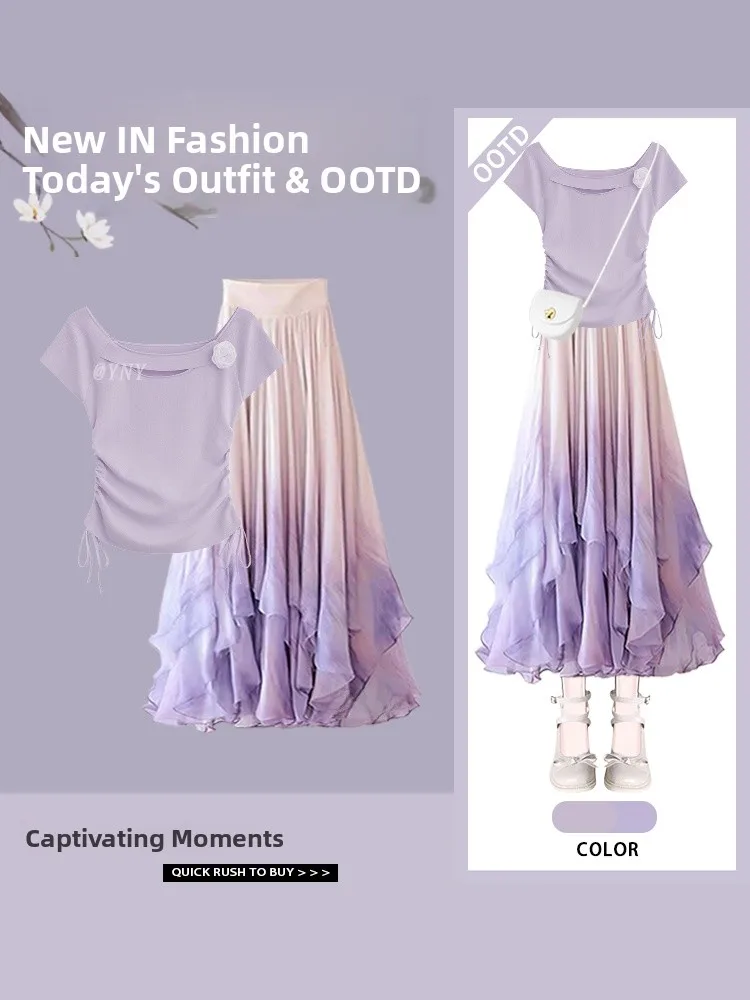 

Антивозрастной комплект из двух предметов: юбка и топ с коротким рукавом, свободного кроя, визуально стройнящий, фиолетовый, из полиэстера, летний, модный.