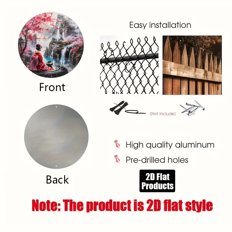 2D Flat - 1pc Vintage Japanese Kimono Wall Art - 20.32x20.32 cm Round Aluminum Sign with Tranquil Waterfall & Cherry Blossom Sce
