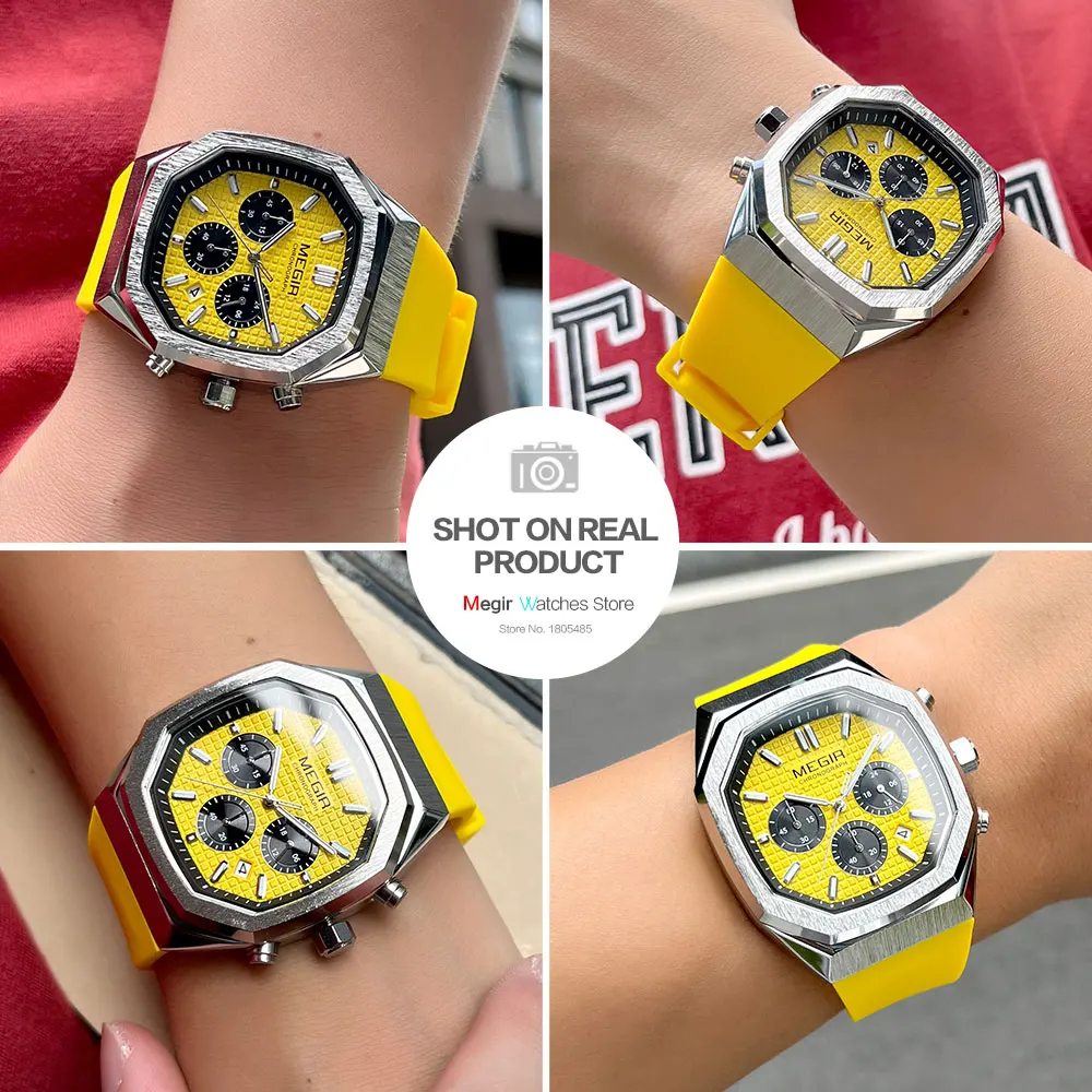 MEGIR Yellow Sport Watch Men Military Sport Chronograph Quartz Wristwatch with Date Octagon Dial Luminous Hands Silicone Strap