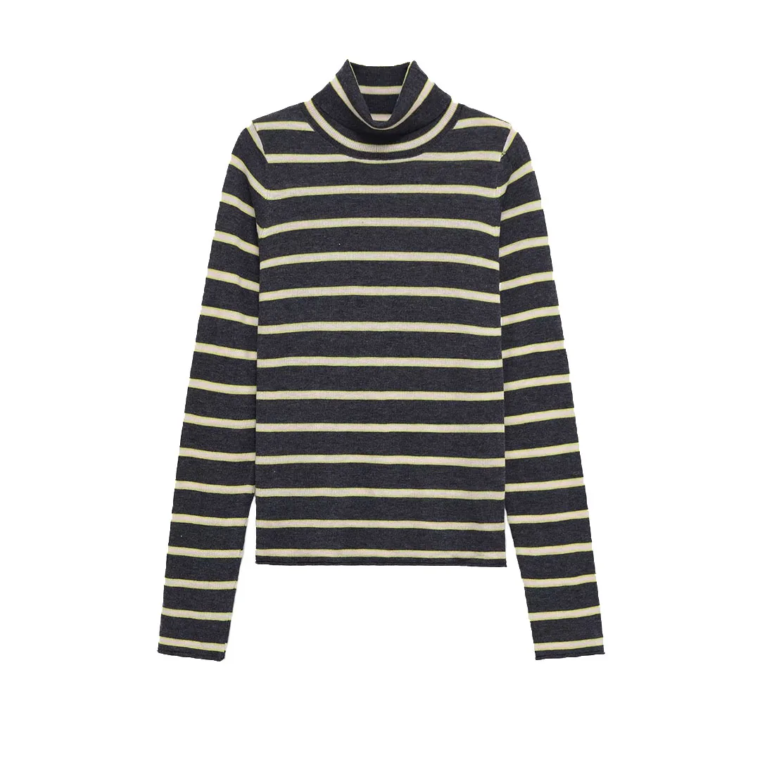 KASLEAD nueva Faion prendas de punto a rayas ultrafinas jersey largo de cuello alto para mujer fibra de poliéster ajustado Otoño Invierno
