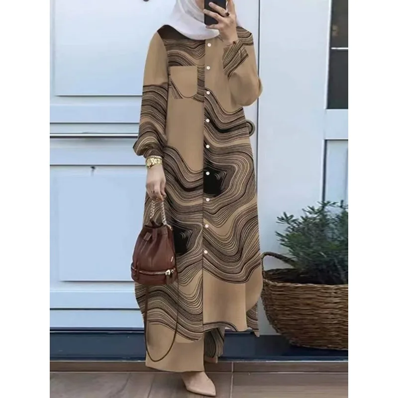 

Autumn Muslim Sets Turkey Dubai Abaya Women Long Sleeve Shirt Set Causal Pants Suits Abayas For Women IsIamic Outifits