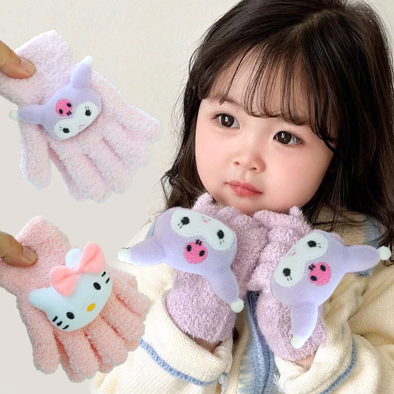 Sanrio My Melody Gloves Kawaii Kuromi Cold-Proof Winter Finger Gloves Plush Warm Children Toddler Gifts