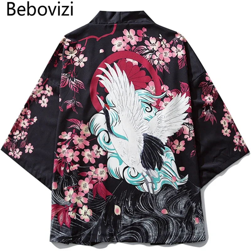 

Bebovizi Japanese Ukiyoe Cherry Blossom Crane Kimono Jackets Mens Harajuku Streetwear Japan Style Coat Summer Hip Hop Thin Robe