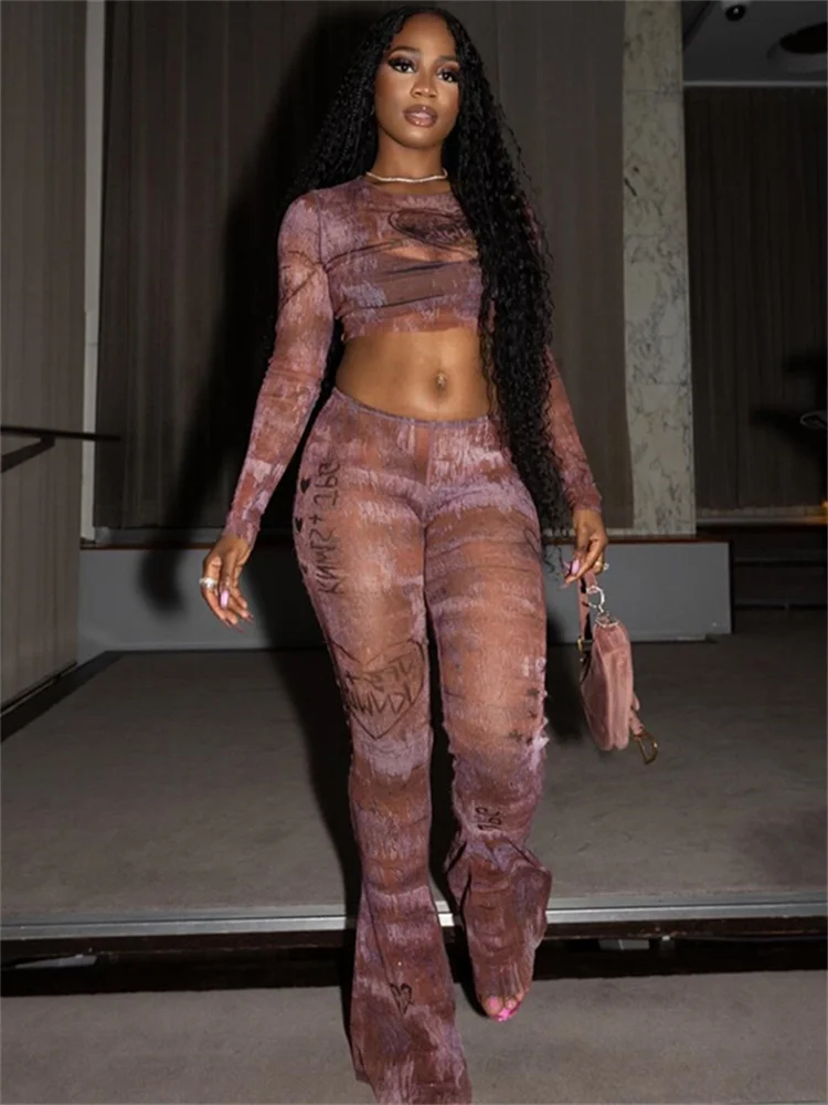 Strano gatto moda stampa sexy vedere attraverso set da 2 pezzi donna o-collo manica intera crop top + pantaloni svasati dritti hottie streetwear