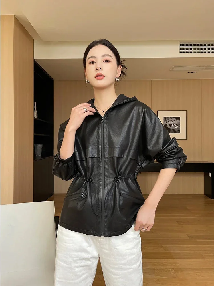 Black Simple Genuine Leather Jacket for Women Spring Autumn 2024 Trend Slim Lace-up Zipper Hooded Sheepskin Coat