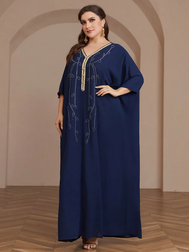 

Morocco Eid Party Loose Muslim Abaya Diamond for Plus Size Women Short Sleeve Maxi Dress Turkey Dubai Kaftan Islamic Caftan Robe