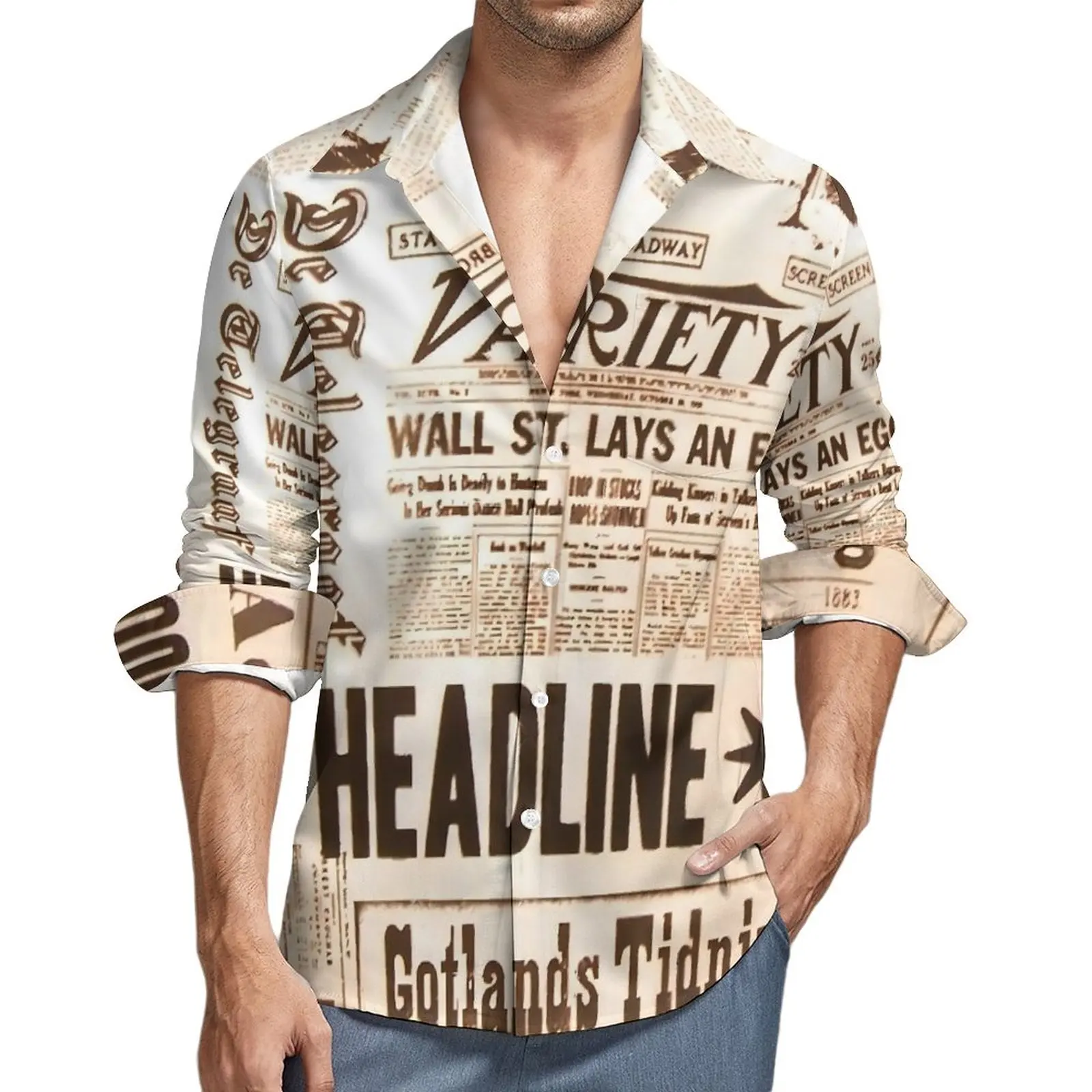 Camisa con estampado de periódico Y2K para hombre, camisas casuales de publicidad Vintage, blusas personalizadas de manga larga, ropa fresca de gran tamaño, regalo de otoño