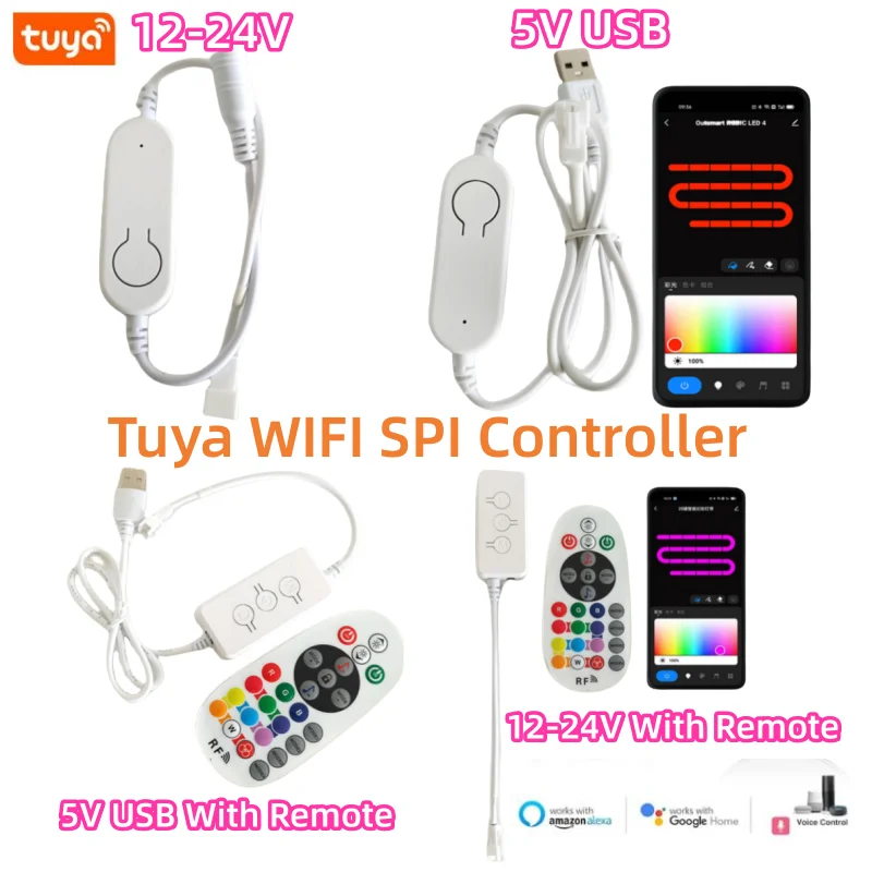 DC12V-24V /5V USB Tuya WiFi SPI LED Controller with RF Remote Smart Music Controller for 3Pin WS2811 WS2812 SK6812 Strip Light