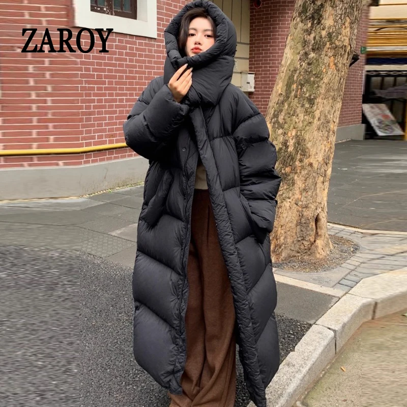 سترة شتوية طويلة للنساء من ZAROY بغطاء للرأس مقاومة للرياح معطف دافئ سميك للأسفل ملابس خارجية للثلج سترات للتزلج Дلينندي كردوك