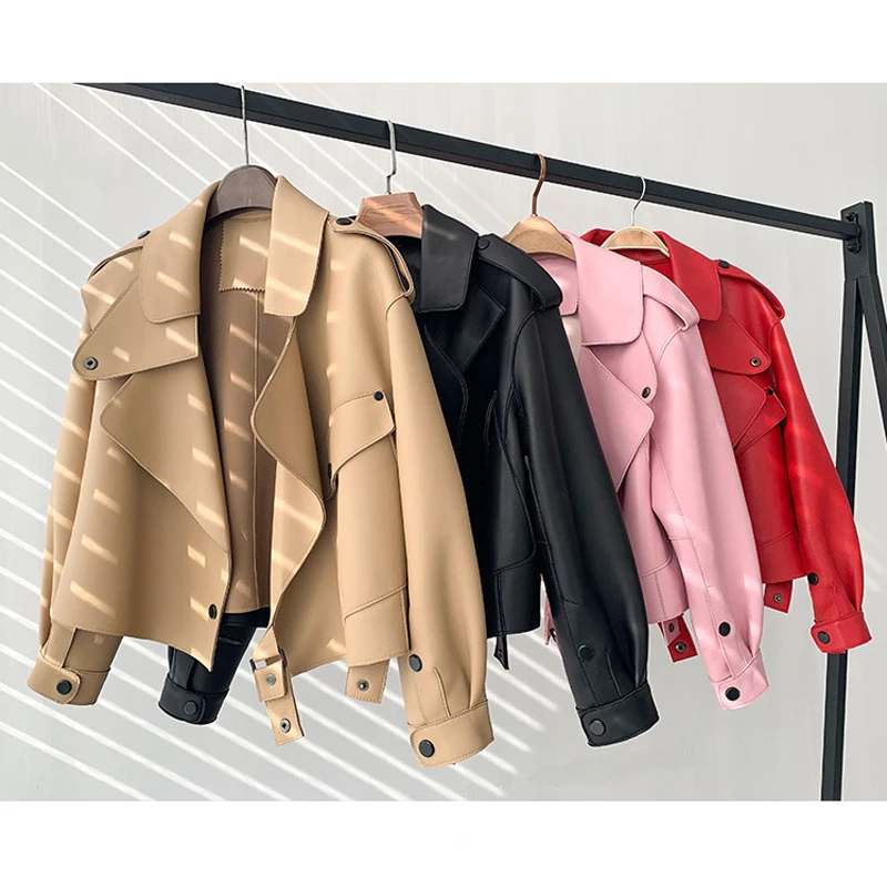 Short Loose Motorcycle Jacket Women Genuine Leather Jacket Clothes Fashion Black Big Pockets Female 100% Real Sheepskin Coats