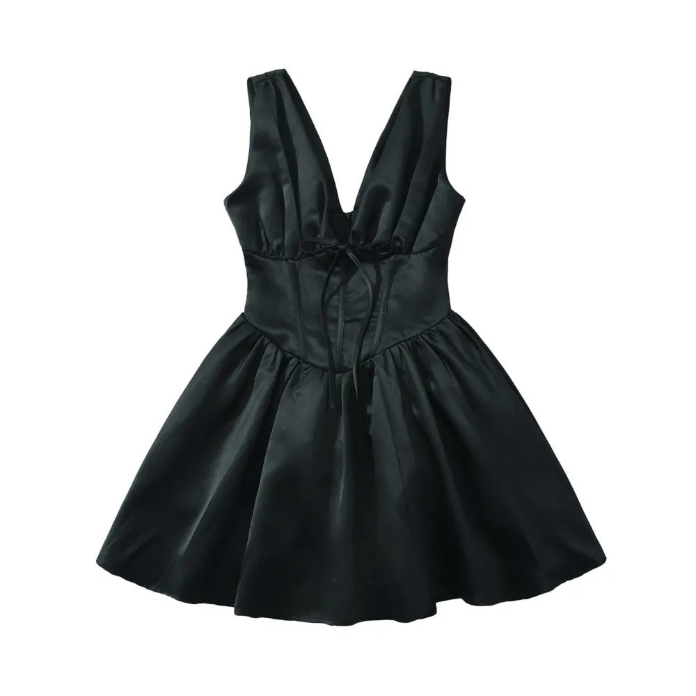 2025 프린세스 스테인 플리츠 구김 스트랩 보닝 슬림 로우 웨이스트 탱크 원피스, 여성 활 V 넥 주름 밑단, A 라인 민소매 드레스