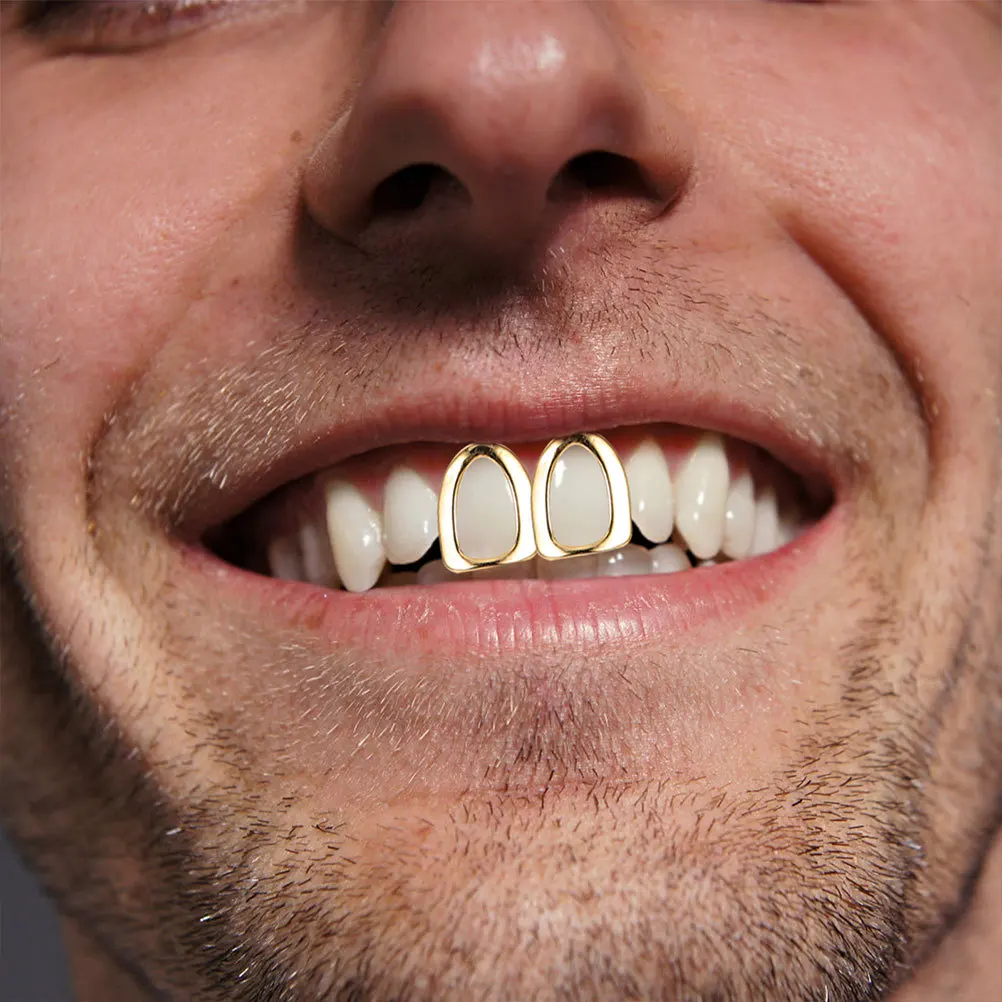 4 stuks Enkele Tanden Grill Koperen Tand Cap Voor Hip Hop Cosplay Mond Sieraden Metalen Grills Rapper Accessoires Nep tanden Decor Set