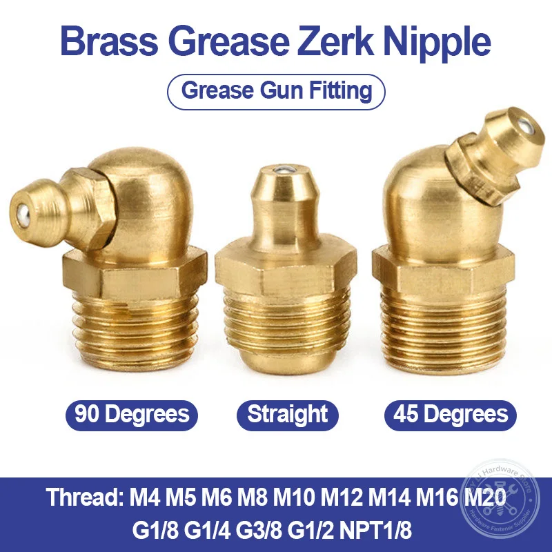 M4-M20 G1/8 G1/4 G3/8 G1/2 NPT1/8 Brass Grease Zerk Nipple Fitting Straight 45/90 Degree Grease Gun Nozzle Excavator Lubrication