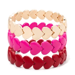 2024 New Arrival Enamel Heart Bead Bracelet Gold Color Elastic Bangle Set for Women Love Romantic Couple Jewelry Accessories