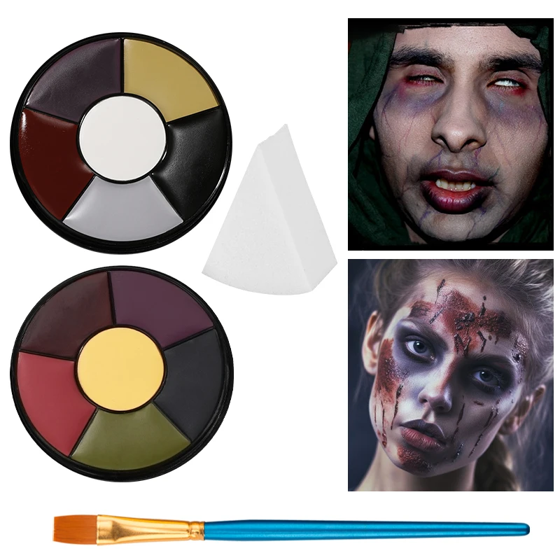 6 Colors Bruise Wheel SFX Face Paint Palette Oil Based Body Makeup Cream with Brush Sponge for Halloween Fake Wound Scar Zombie