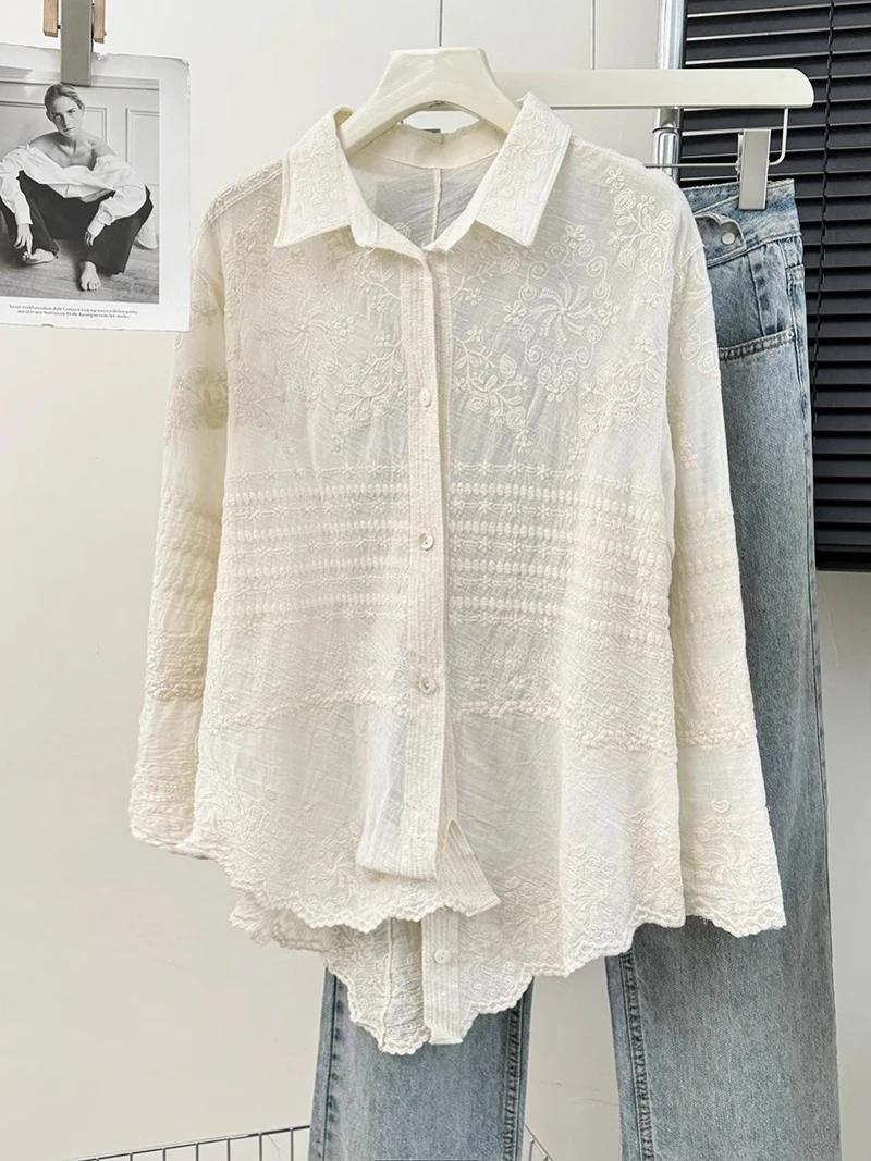 Cotton Floral Embroidery Long Sleeve Loose Shirt Vintage Chic Victorian Edwardian Classy Youth Blouse Smock Irregular Blusas