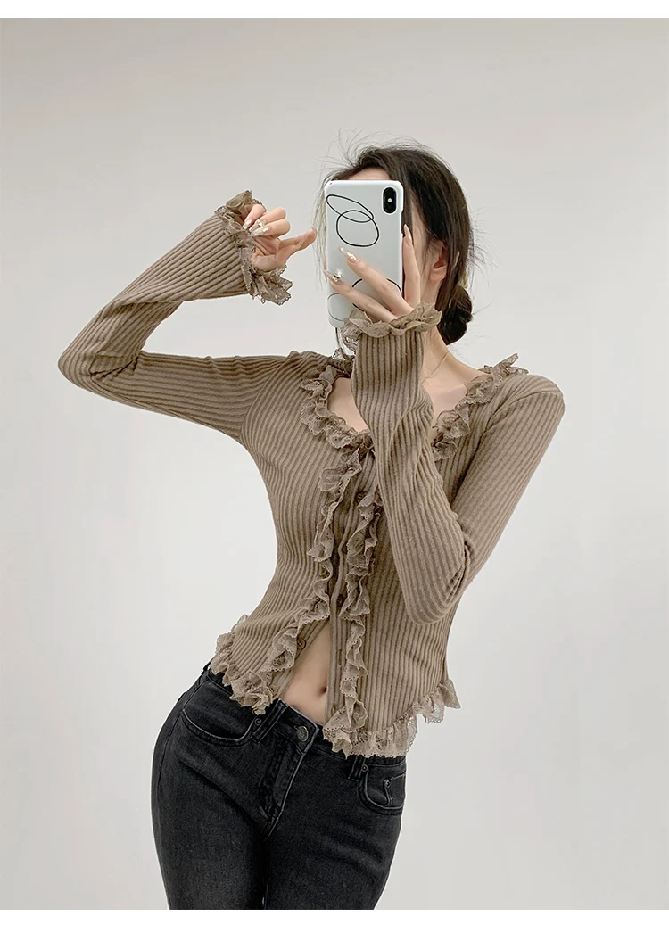 2026 Quadratischer Kragen Spitzenbesatz Langarm-Strickpullover Damen Retro Kurzer Stil Schlanke Oberteile Einreihige Strickjacke – Detail 17