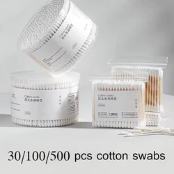 30/100/500PCS Double Heads Cotton Swabs Round Head and Sharp Heads Daily Cleaning Cottonswab Bag &Box Packed Disposable