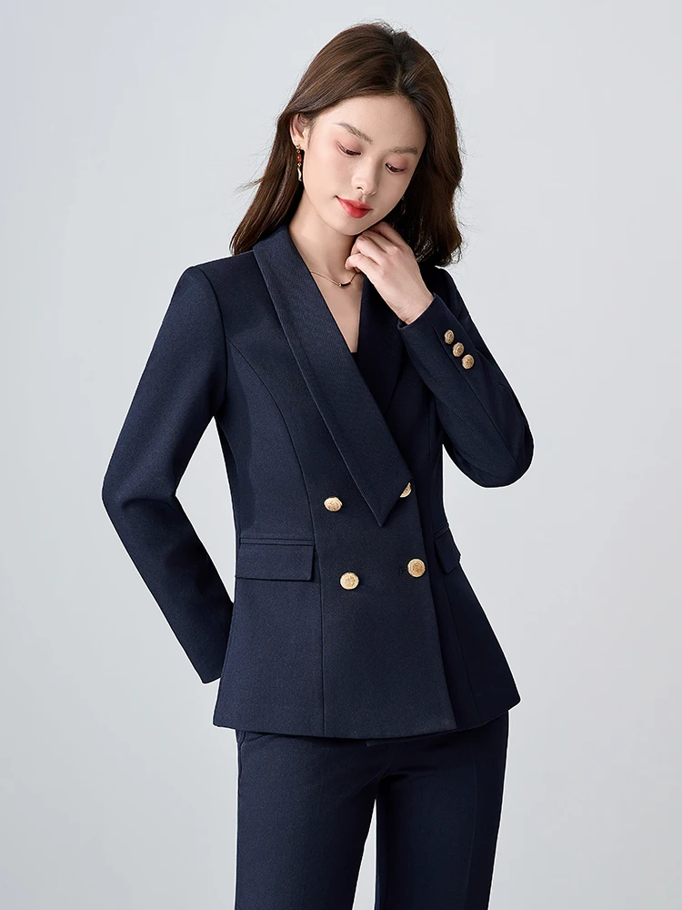 Conjunto de terno azul slim fit com botões de duas fileiras Ele para mulheres, entrevista profissional, roupa de trabalho, deslocamento, mistura de poliéster