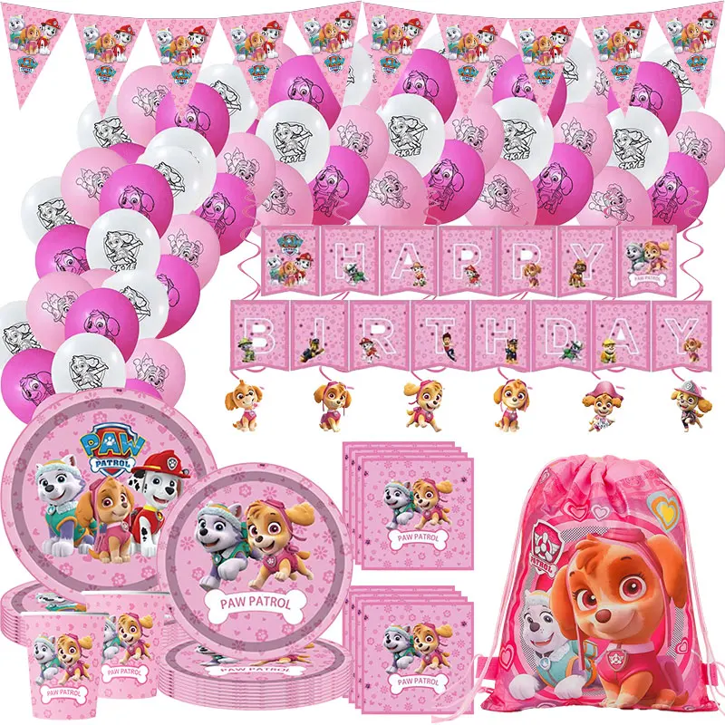 Decoración de Cumpleaños de la Patrulla Canina Rosa, Vajilla, Platos, Vasos, Mantel, Bolsas de Regalo, Pancarta, Fondo, Artículos para Fiesta de Cumpleaños de la Patrulla Canina