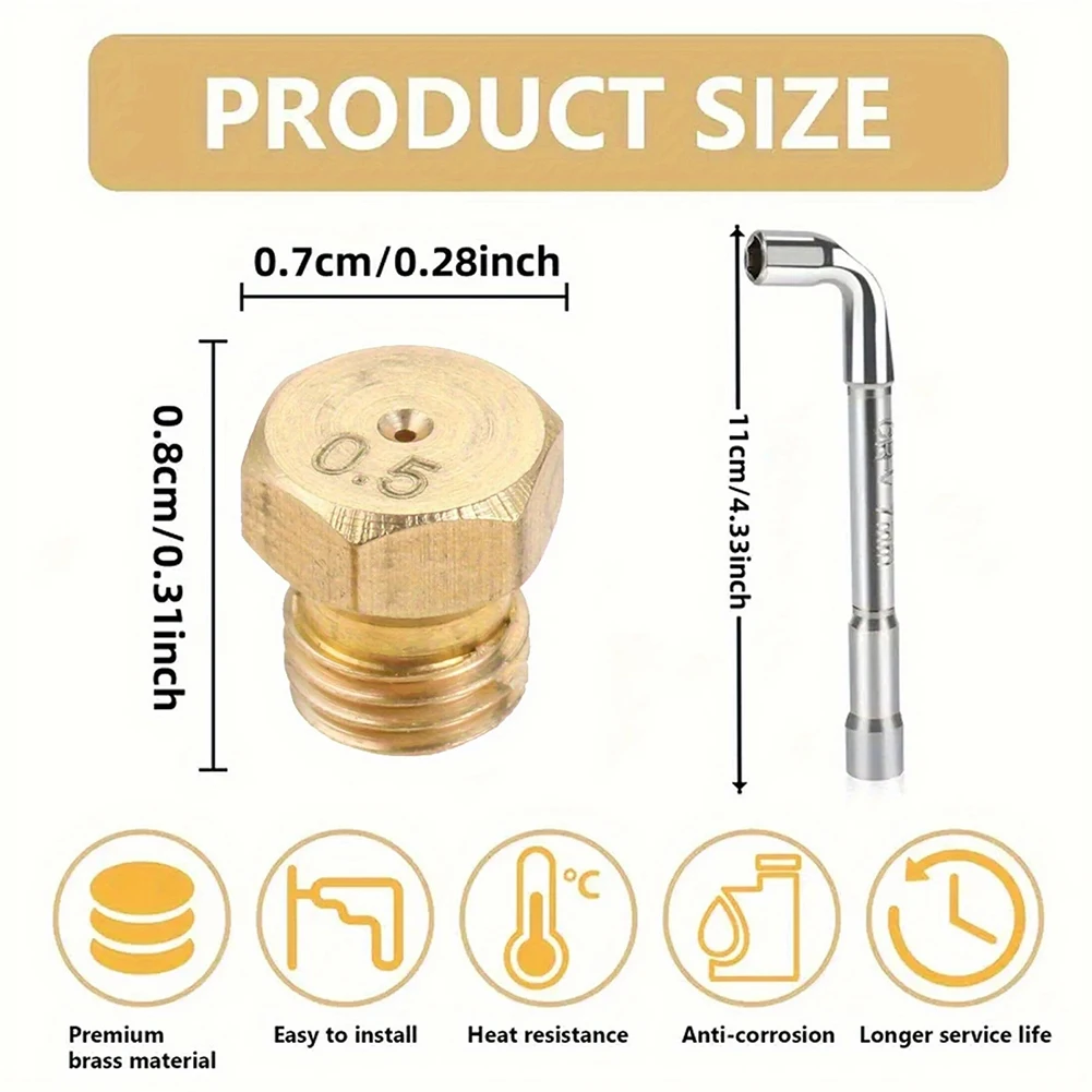 12PCS Gas Stove Brass Nozzle Kit 0.5-1.1mm Orifice Set For M6x0.75 With Tool For SABAF Cooktop Conversion For G20 For G25