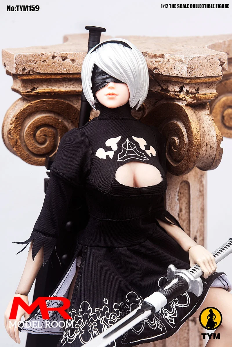 TYM159 1/12 2B Girl White Black Dress Head Sculpt Knife Model Cosplay Clothes Props Fit 6'' Female Soldier Action Figure Body