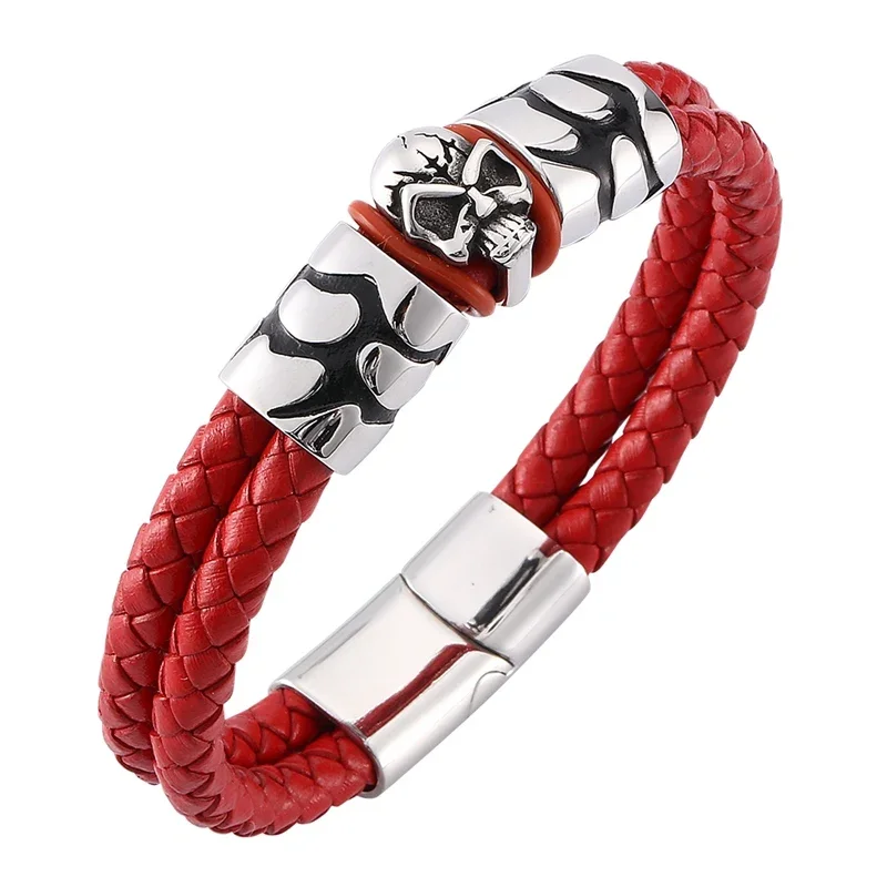 

Double Layer Red Braided Leather Men Bracelet Skeleton Jewelry Punk Stainless Steel Magnetic Clasp Skull Bracelet Bangle SP0130