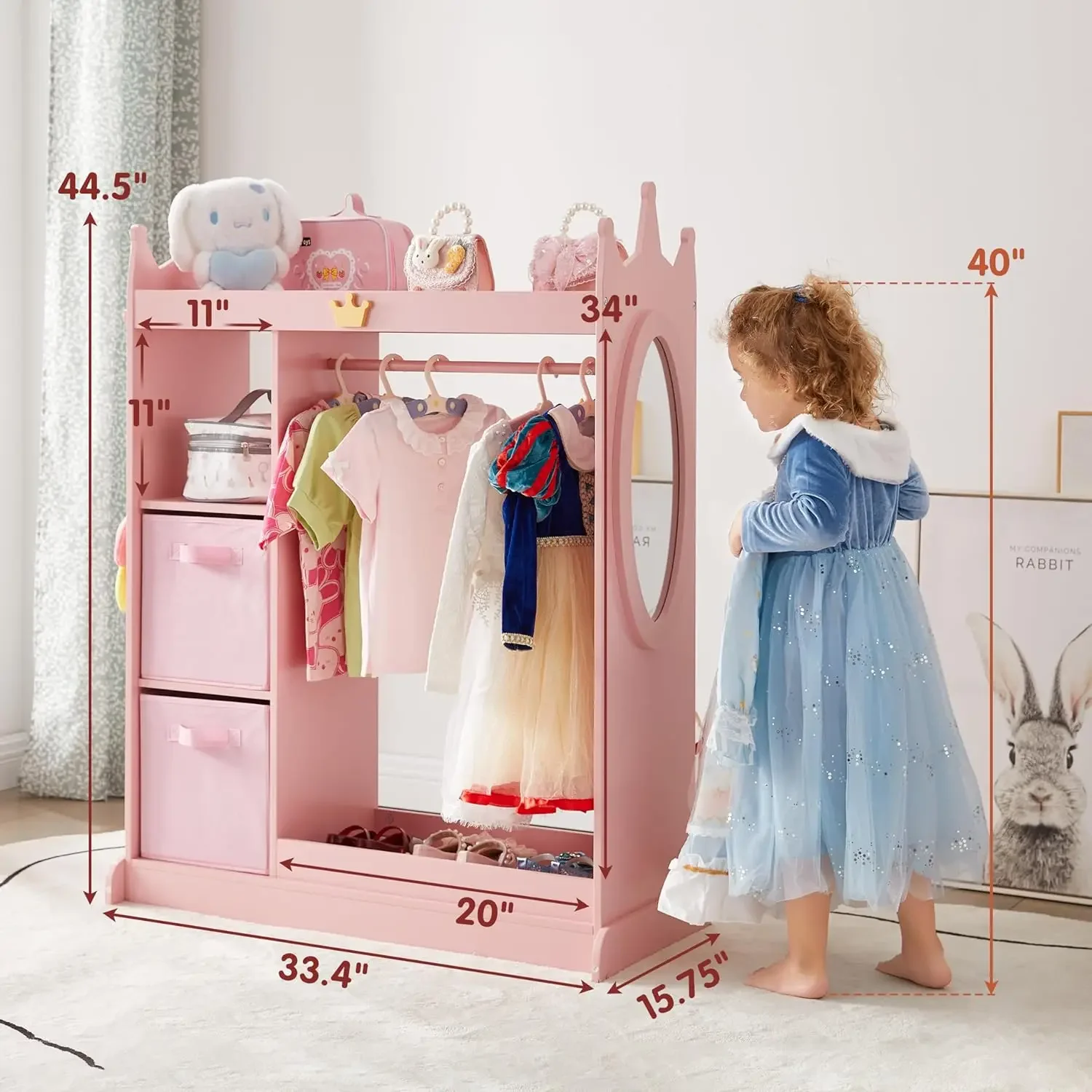 Kids Dress up Storage with Mirror, 2 Storage Bins & Cloth Hanger, Kids Play Armoire Dresser Pretend Storage Closet for Bedroom,