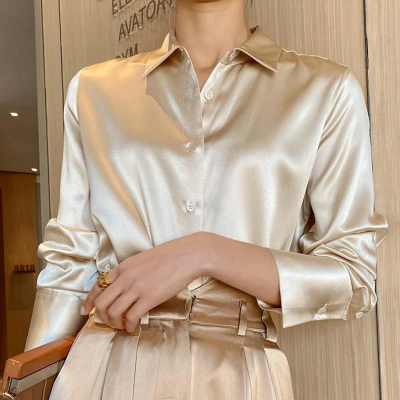 Rimocy 2024 Fashion Long Sleeves Satin Blouse Women Single Breasted Loose Faux Silk Shirts Woman Solid Turn Down Collar Shirt