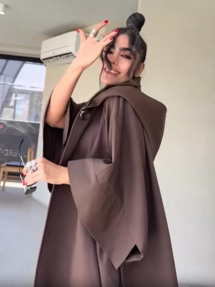 Chic Brown Hooded Long Cape Trench Loose Big Swing Hem Open Front Oversized Draped Maxi Coat Women Fall Daily Street Outfit New
