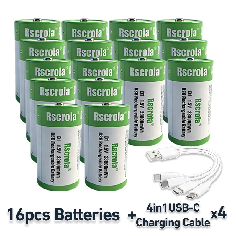 Hoge capaciteit 1.5V 23800mWh USB oplaadbare D-cel lithium batterij (LR20) voor gasfornuis, waterverwarmer, zaklamp, radio's